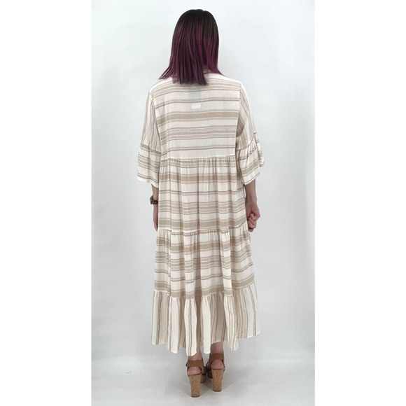 Boho Dress Woven pattern Stripe Tiered White Tan OS NWT - Picture 4 of 11